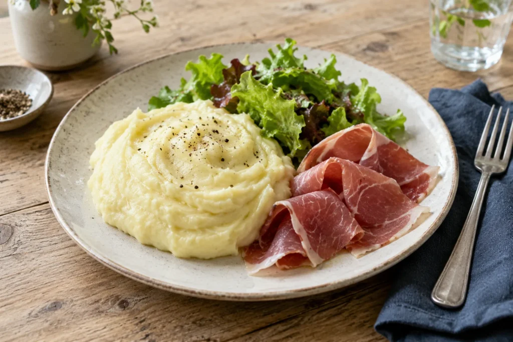 Assiette d’aligot accompagnée de fines tranches de jambon sec et de salade verte
