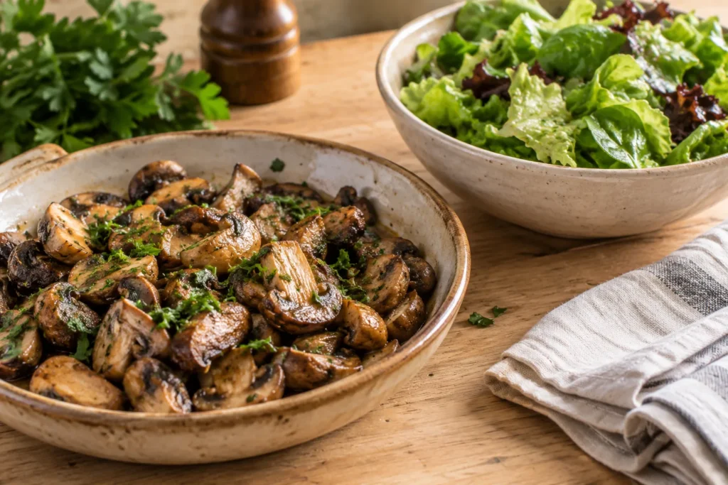 Champignons poêlés au persil et salade verte dans deux plats en céramique