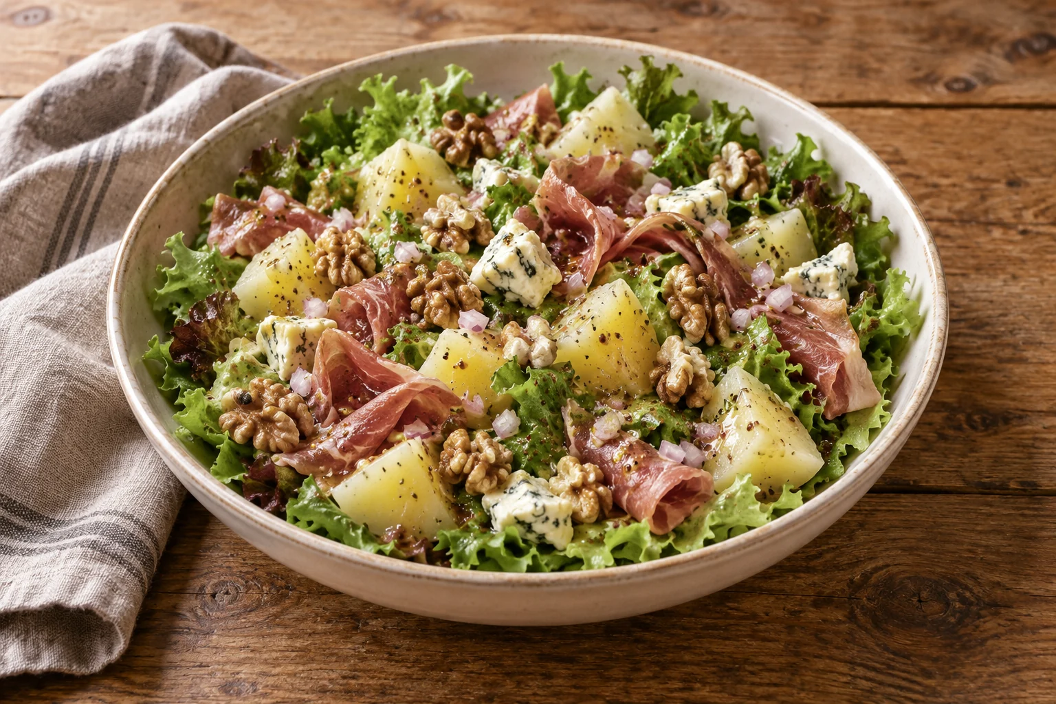 Salade auvergnate au jambon, bleu de Laqueuille et noix